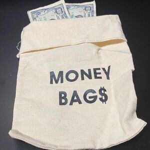 Vintage Canvas Money Bag with Dollar Print and fake money attached at top